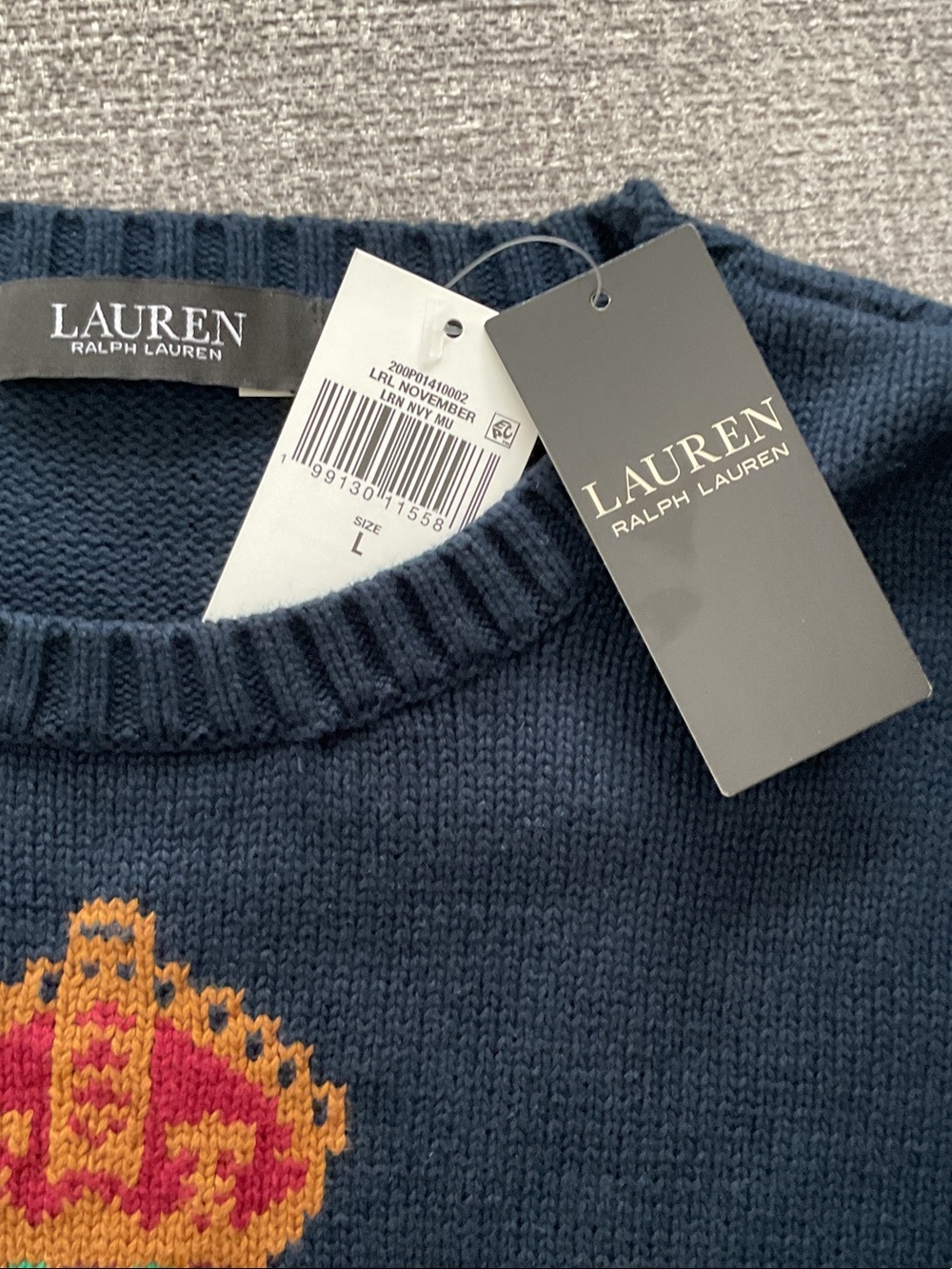 Ralph Lauren Navy Crewneck Sweater with Burgundy Diagonal Stripe & Crest - Picture 13 of 13
